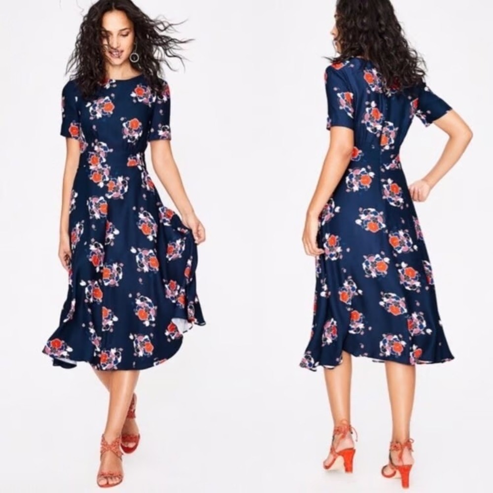 Boden Navy Floral Midi Dress with Red & White Blooms